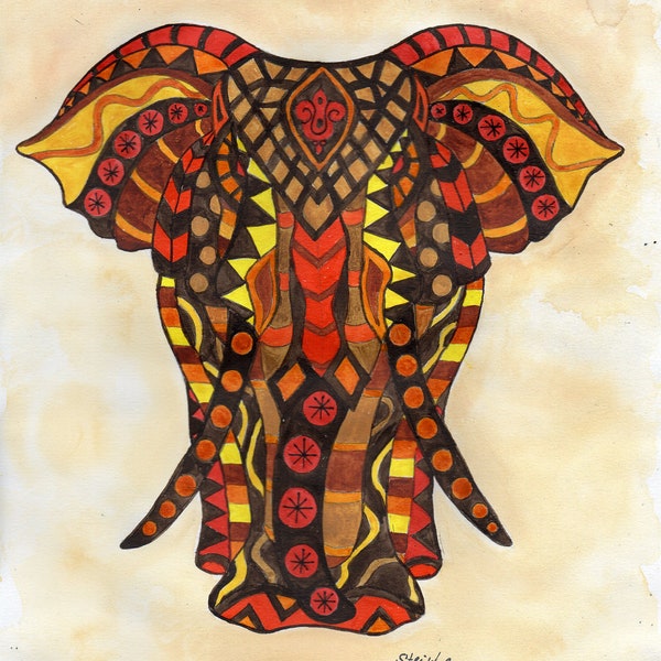 Afrikanische Tiere Mandalas Elefant Original Aquarellmalerei