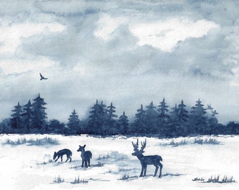 Watercolor painting original deer in the winter forest