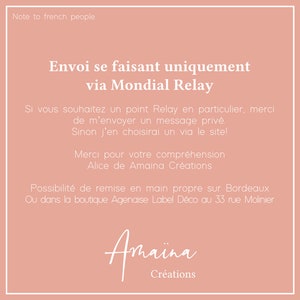 May include: A pink note with white text explaining that shipping is only done through Mondial Relay. The note also includes instructions on how to choose a specific Relay point and contact information for Amaina Creations.