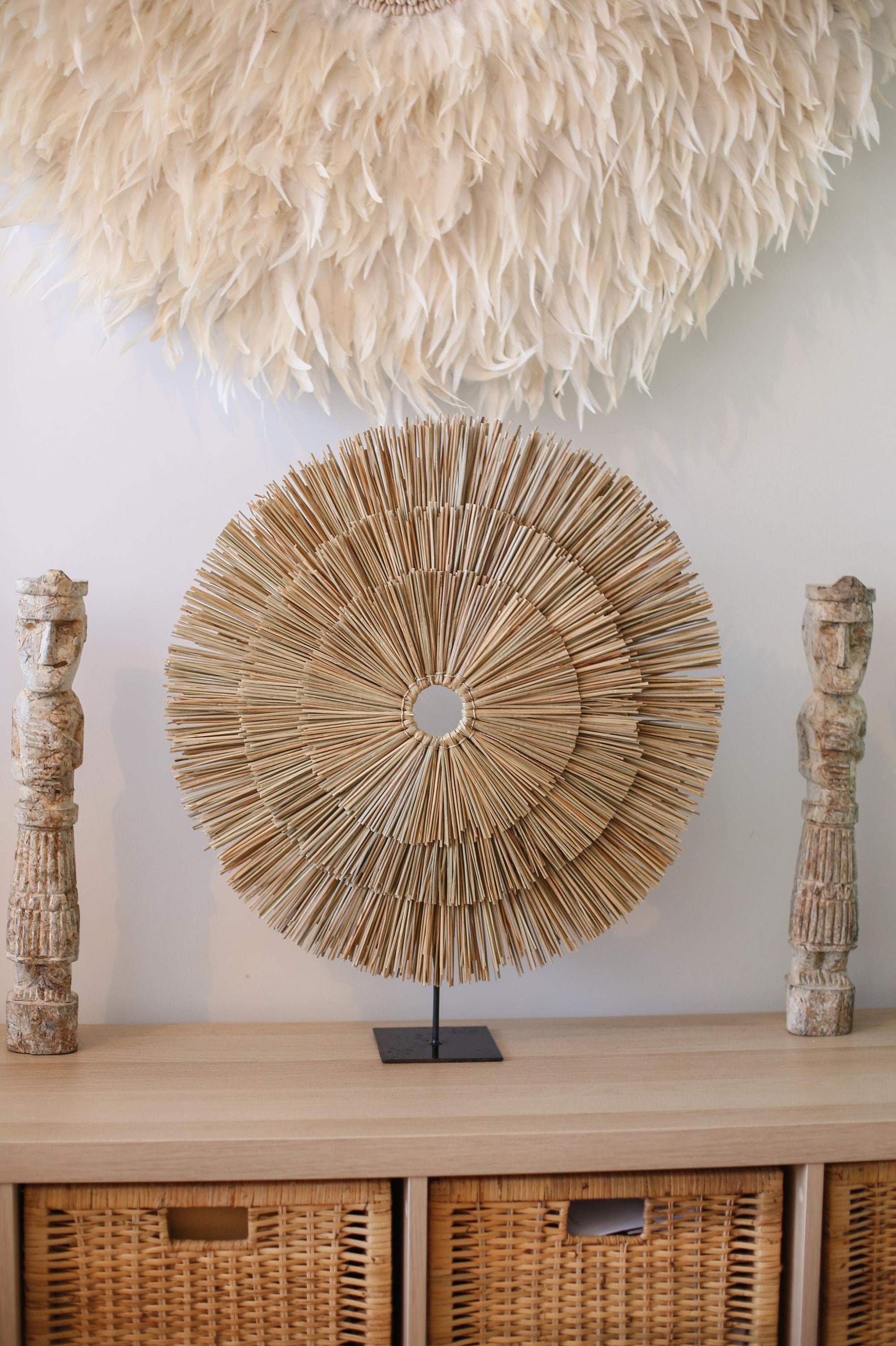 Triple Rond de Paille Beige Bali Décoration Murale en Cercle