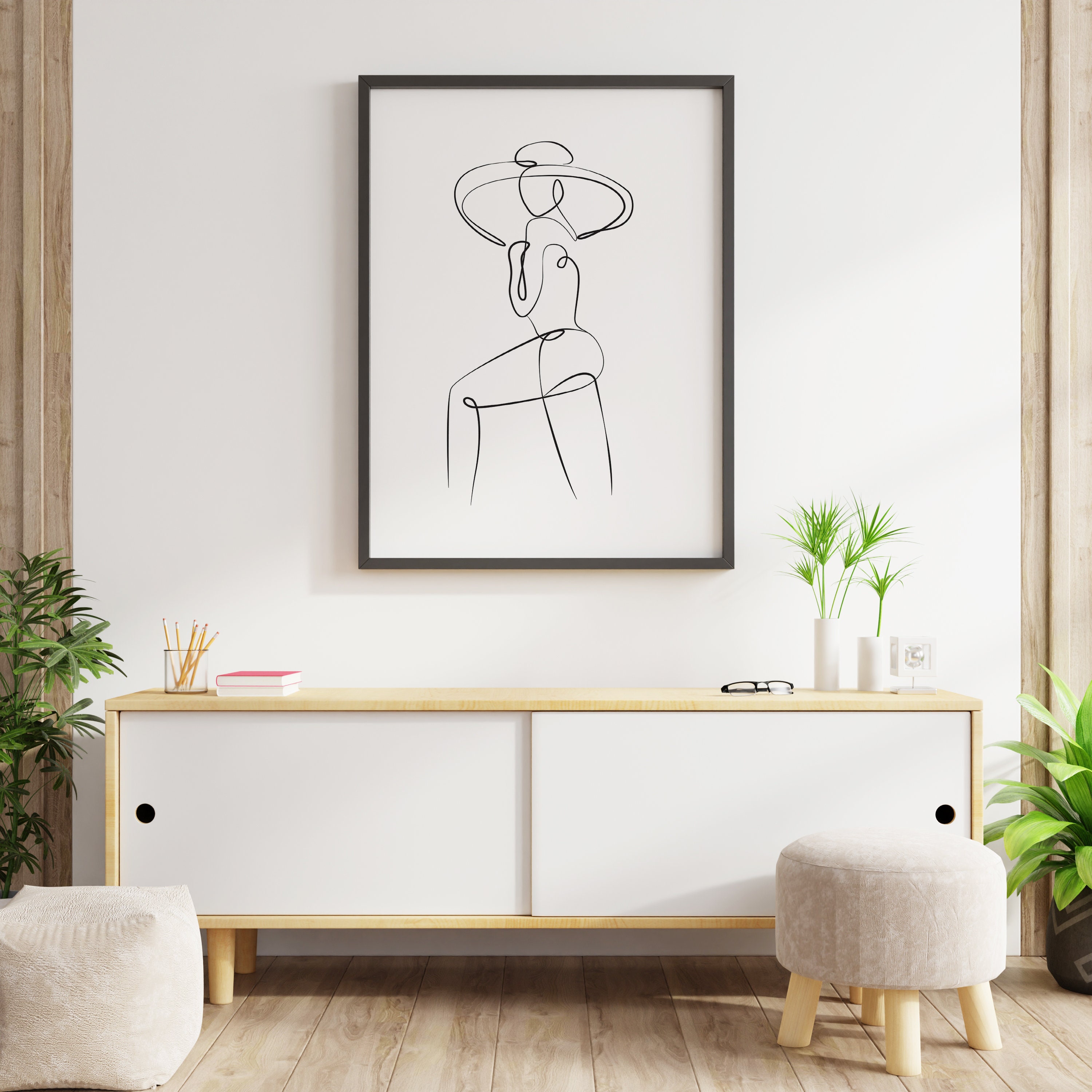 Poster Affiche Femme Line Art Minimaliste Abstrait Noir et Blanc Illustration