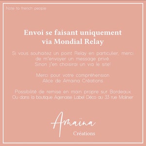 May include: A square, peach-colored graphic with white text. The text includes a message in French, mentioning "Mondial Relay" and a request for private messages. The graphic also features the name "Amaina Cr&eacute;ations" in a cursive font.