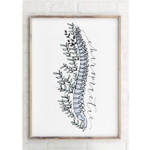 May include: A black and white line drawing of a human spine with a blue watercolor wash. The spine is surrounded by green leaves and the word "chiropractic" is written in cursive.