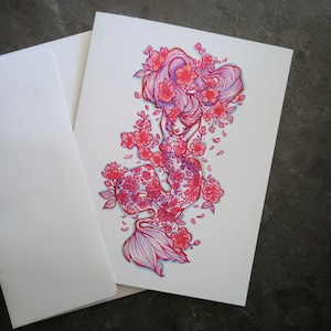 Sirène Sakura - Carte de voeux vierge pliée 4,25 x 5,5 pouces