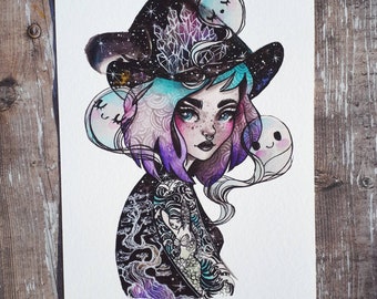 Ghost Lover Witch (Drawlloween /Inktober 2018) - 5x7 Inch or 8x10 Inch  Halloween Themed Art Print