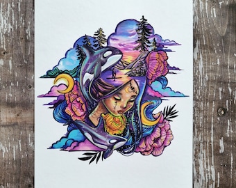 PNW Goddess - 5x7 Inch Art Print from Drawlloween 2023 - Spooky Self Portrait