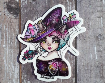 Spider Witch (Drawlloween /Inktober 2018) - 3 Inch Die Cut Weatherproof Vinyl Sticker for Planners Laptops Halloween Gift Bullet journal