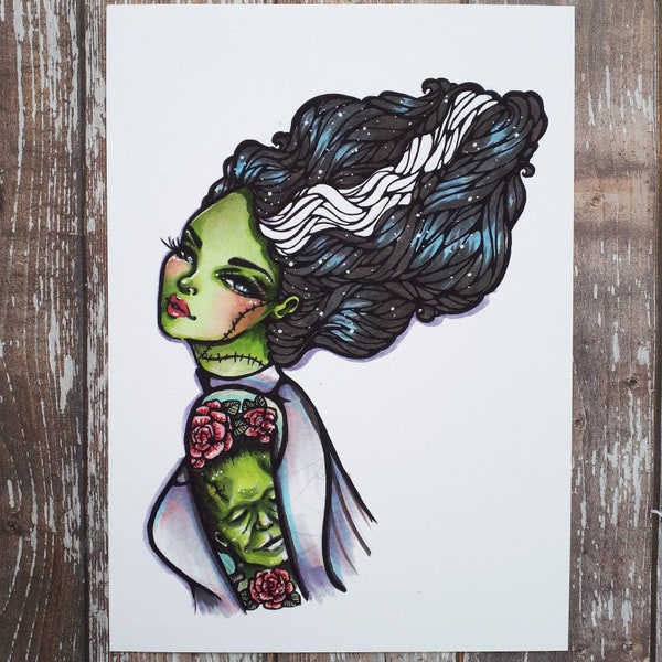 Bride of Frankenstein (Drawlloween /Inktober 2018) 5x7 Inch Halloween Themed Art Print
