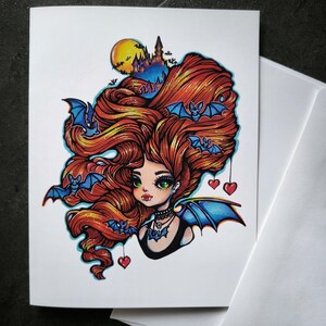 Tarjeta de felicitación en blanco plegada de 4,25 x 5,5 pulgadas de Vampiro de Drawlloween 2024