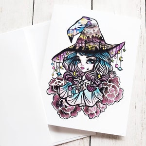 Bruxa da meia-noite - cartão comemorativo em branco dobrado de 4,25 x 5,5 polegadas da Drawlloween 2021