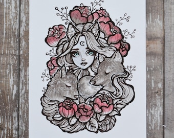 Werewolf - 5x7 Inch Halloween and Floral Nature Themed Art Print from Drawlloween / Inktober 2017