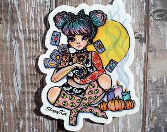 Tarot Witch - 3 Inch Die Cut Weatherproof Vinyl Sticker from Drawlloween /Inktober 2018 for Planners Laptops Cell Phones Halloween Christmas