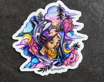 PNW Goddess (Pacific North West) - 3 Inch Weatherproof Vinyl Sticker  / Decal from Drawlloween 2023 - Spooky Self Portrait prompt