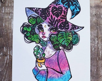 Houseplant Witch - 5x7 or 8x10 Inch Drawlloween/Halloween 2020 Themed Art Print