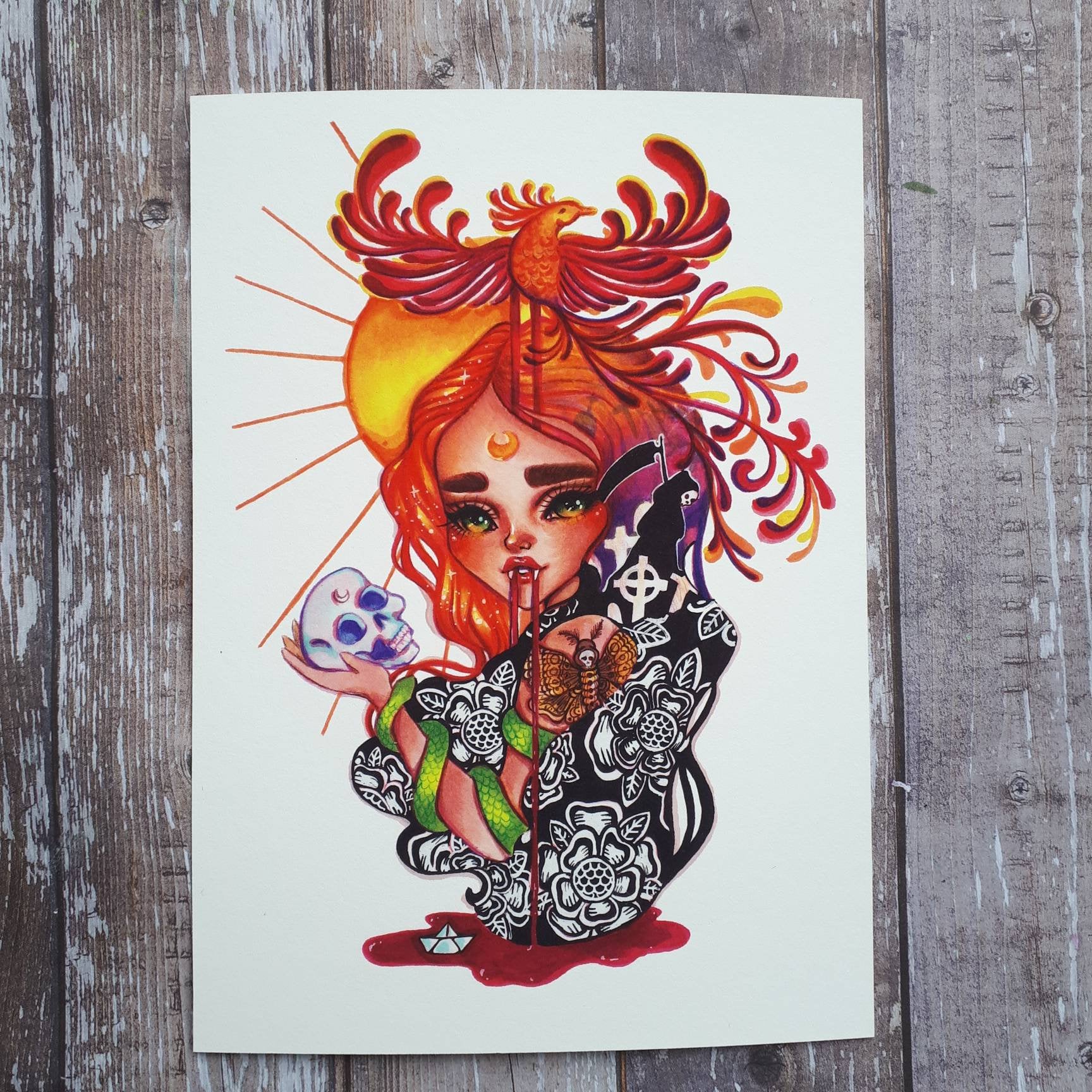 5x7 Art Print Kawaii Death Tarot Card Creepy Cute Art B2G1 Prints 