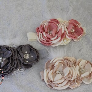 Feather Headband - Flower Band - Lace Headband - Flower Girl Band - Elastic Headband - Bridal Hairpiece - Hair Accessory - Christening Band