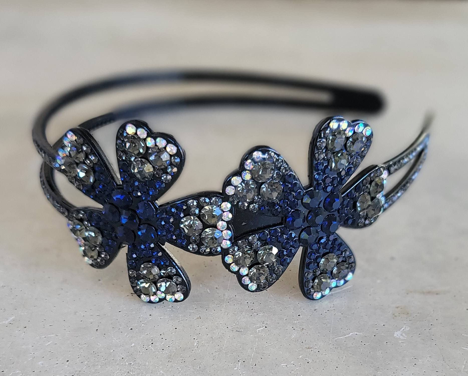 Floral Headband with Blue and Black Rhinestones Navy Blue Wide Headband With Yellow Flowers Embroidery  main image 2