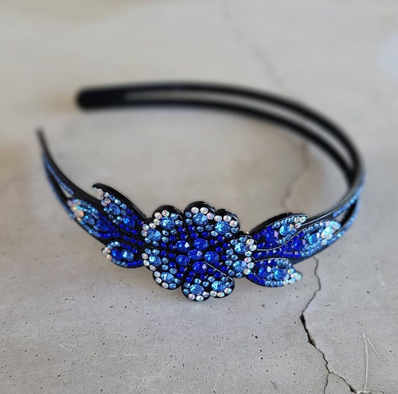 Floral Headband with Blue and Black Rhinestones Navy Blue Wide Headband With Yellow Flowers Embroidery  main image 4