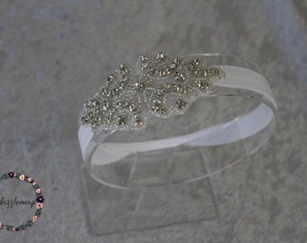 Rhinestone Flower Girl Headband: Elastic Christening Hair Accessory
