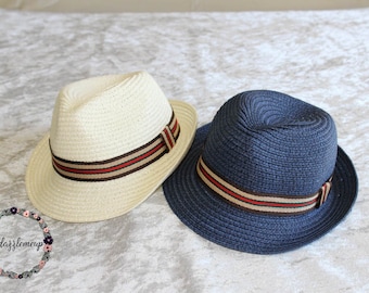 Boys Straw Fedora: Blue or Ivory, Summer Beach Hat
