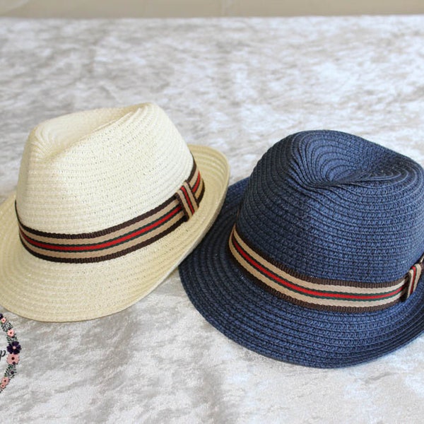 Kids Fedora - Blue Boys Fedora - Ivory Boys Hat - Beach Hat - Boys Straw Hat - Child Fedora - Ring Bearer Fedora - Boys Cap - Summer Hat