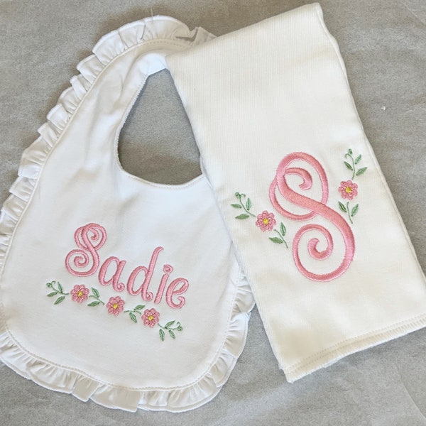 Girl's Monogram/Initial Personalized Burp Cloth and Ruffle Bib Set