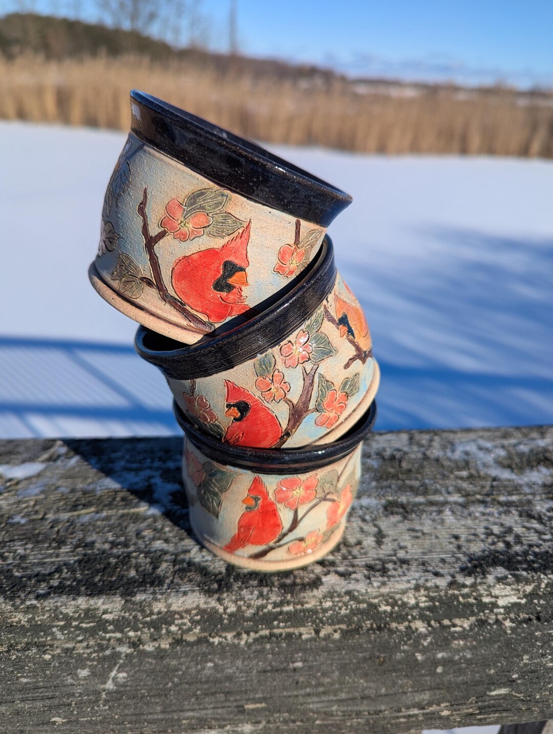 Cardinal Birds and Cherry Blossom Handmade Stoneware Pottery Tea Cup ...