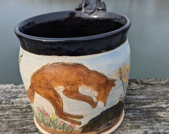 Hand made Fox pouncing stoneware pottery coffee mug tea cup free shipping