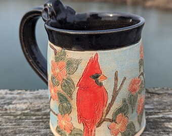 Handmade Cardinal and cherry blossom stoneware pottery mug cup