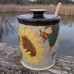 Handmade stoneware pottery honey pot with bees on sunflowers  w/wand