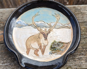 Handmade caribou Bull with mountains in the snow stoneware pottery spoonrest soap dish