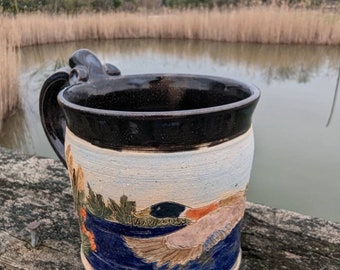 Mallard duck couple flying over swamp handmade stoneware pottery cup mug