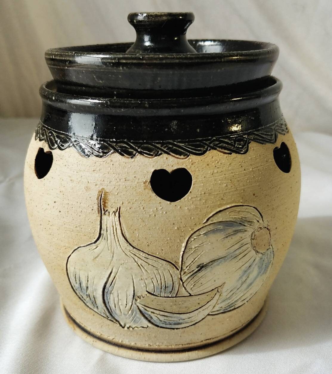 Stoneware pottery garlic jar with unique storage lid Etsy