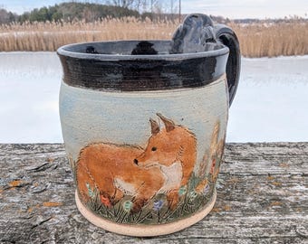 Cheerful red fox trotting in flowers handmade stoneware pottery coffee mug tea cup free shipping