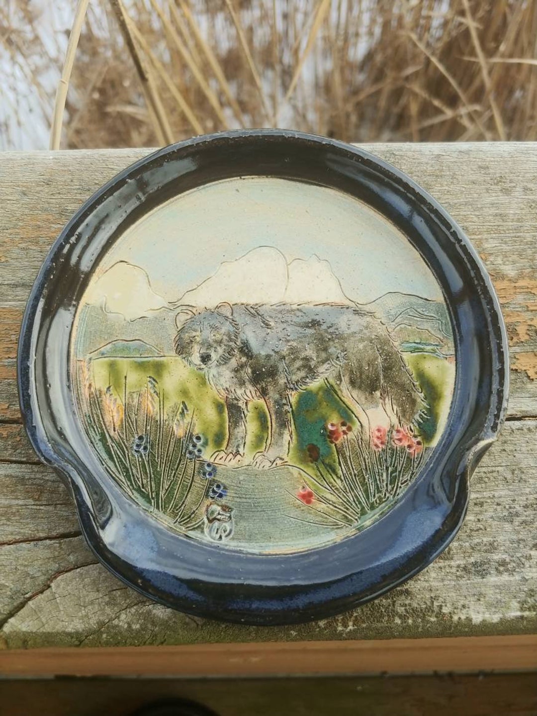 Black Wolf Stoneware Pottery Spoon Rest Soap Dish Etsy