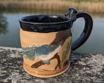 Sturgeon fish hand made stoneware pottery mug cup free shipping