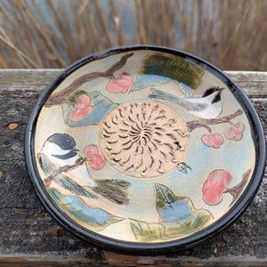 Chickadee and cherry Garlic grater plate handmade stoneware pottery for wasabi ginger tumeric
