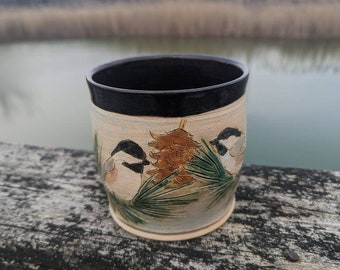 Chickadee in pine trees handmade stoneware pottery crock vase