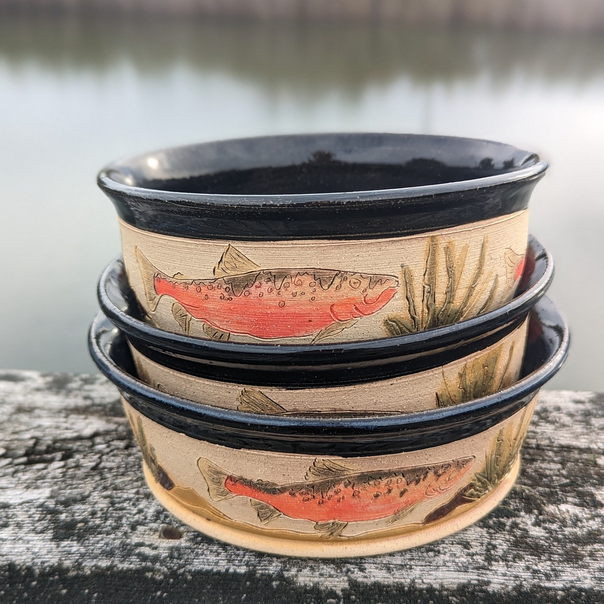 Set of 3 Spawning Salmon Fish Carved Baking or Serving Bowl Handmade Stoneware Pottery Casserole Dish - Etsy