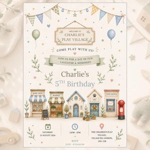 May include: A birthday invitation card featuring a watercolour illustration of a play village with shops, bunting, and balloons. Text includes Welcome to Charlie's Play Village, Come Play With Us, Join Us For A Day Of Fun, Laughter & Memories, Charlie's 5th Birthday, date, time, and location details.