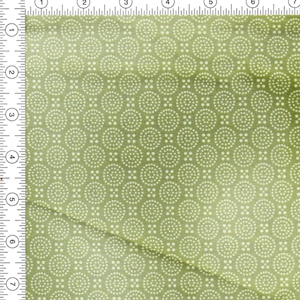 Fabric Hanami Style H8713 by Hoffman CA Intl screen print. Lt green backg with small circles made with cream colored dots. Sold by half yd