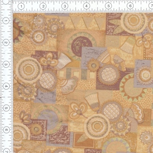 May include: Fabric with a geometric pattern in shades of tan, brown, and lavender. The design features squares, circles, and floral shapes. The fabric has a textured appearance and a vintage aesthetic.