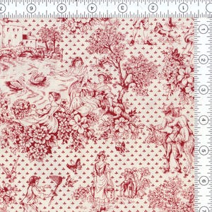 May include: Cream-colored fabric with a red toile pattern. The design features scenes of people, swans, and buildings. The fabric has a repeating pattern of small crosses.