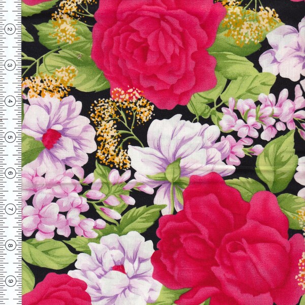 Fabric Pattern BTR - 5007 c Blank Quilting 2007. Sold by half yard. Beautiful large pinkish lavender and red white roses. Sold by half yd
