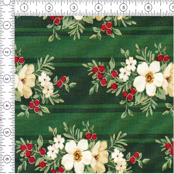 Fabric 'Tis the Season' Rosemarie Lavin Patt 33892 c green shades stripe w wh cream flowers red berries and gold metallics Sold by half yd