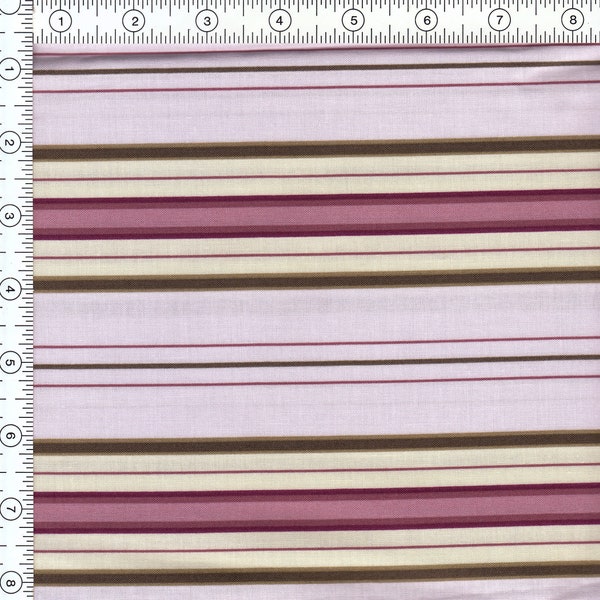 Fabric Aubrey Rose by Dover Hill for Bernatex 03453 of varying colors, sz stripes of green, pink, yellow, white, burgandy. Sold by half yd.