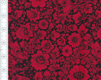 Floral Screen Print Fabric: Black bkgrd sold by half yd.