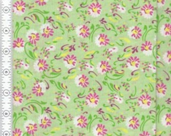 May include: Green fabric with a white and pink floral pattern. The flowers are small and have a yellow center. The fabric has a subtle texture.