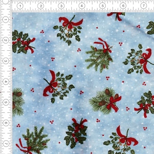 May include: Blue fabric with a white snowflake pattern and a repeating design of green holly sprigs with red bows.
