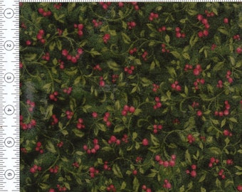 Fabric 40 inches wide FLANNEL of deep green with red berries for Benartex style 3703, Christmas nature print. Sold by the half yard.